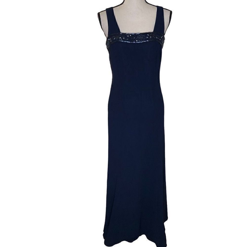 Marsoni Navy Blue Beaded Full Length Sheath Dress